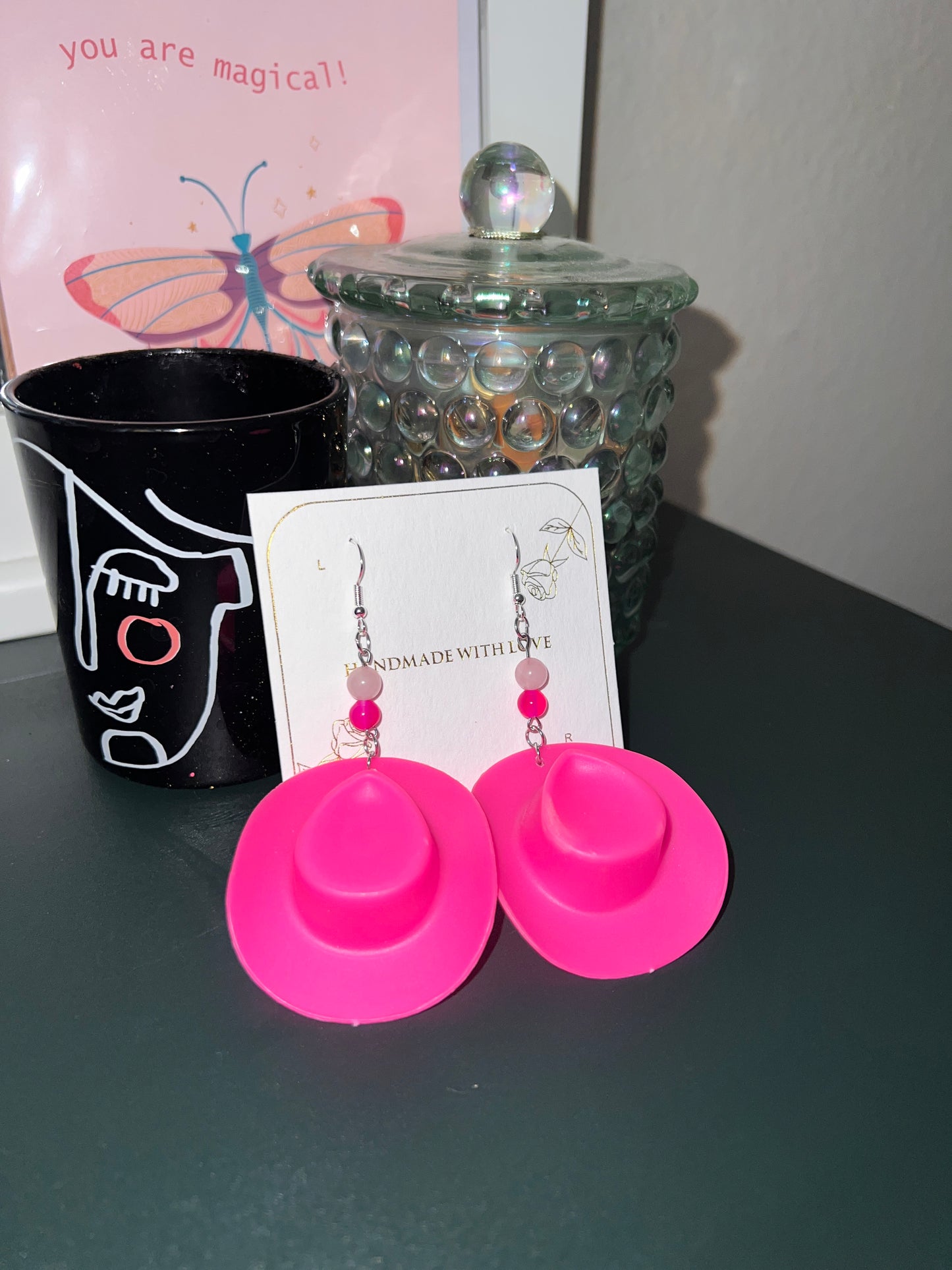 Opal, Rose Quartz, & Pink Agate “Cunty Crystal Cowgirl” - Y2k Real Crystal, Stone, and Cowboy Hat Earrings  - Olive Made