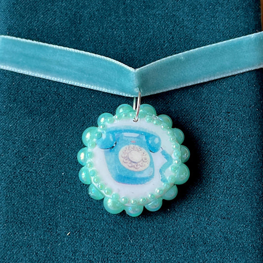 Blue Velvet Retro Phone Necklace | Polymer Clay Phone Charm Choker | Olive Made
