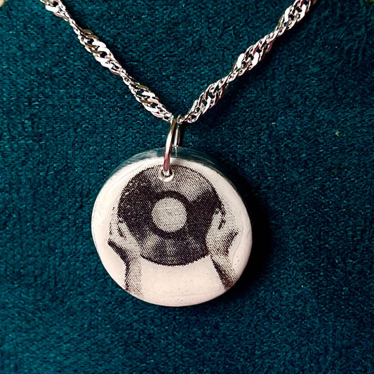 For The Record necklace — handmade black & white polymer clay “for the record” charm with silver acrylic paint detailing on 20" 925 sterling silver chain. Monochrome whimsigoth indie sleaze / coquette goth layering piece. Ships in black gift box; ready to ship in 1–3 days.