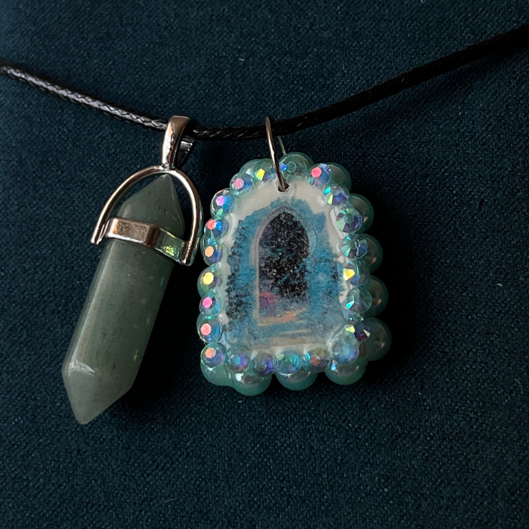 Magical archway charm necklace — one-of-a-kind medieval stone archway “portal” pendant hand-sculpted in polymer clay (approx. 1" tall x 0.75" wide) and bedazzled with iridescent pearls and rhinestones. Handmade wearable magic.