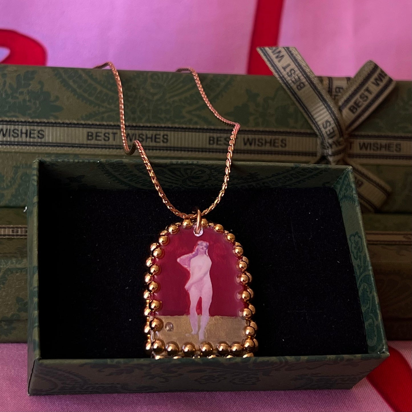 Red Neoclassical Nude Lady Pendant | Golden Charm Necklace | Olive Made