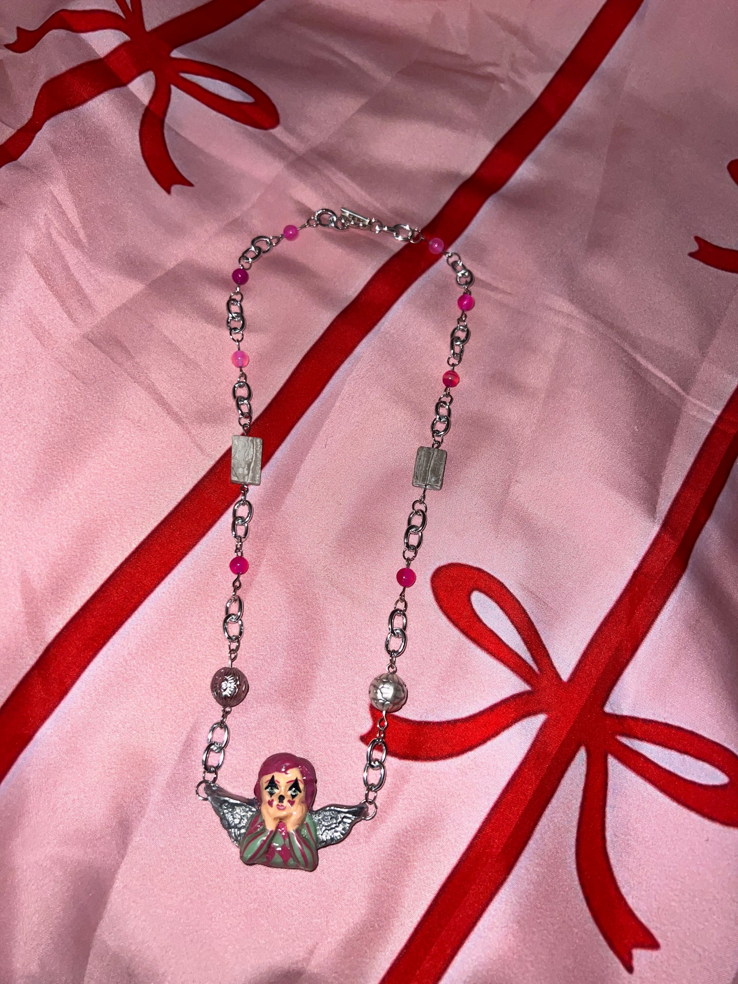 Silver Clown Angel Necklace | Clowncore Jewelry | Polymer Clay Pendant | Pink Agate + Gray Marble Beads | Whimsical Statement Necklace