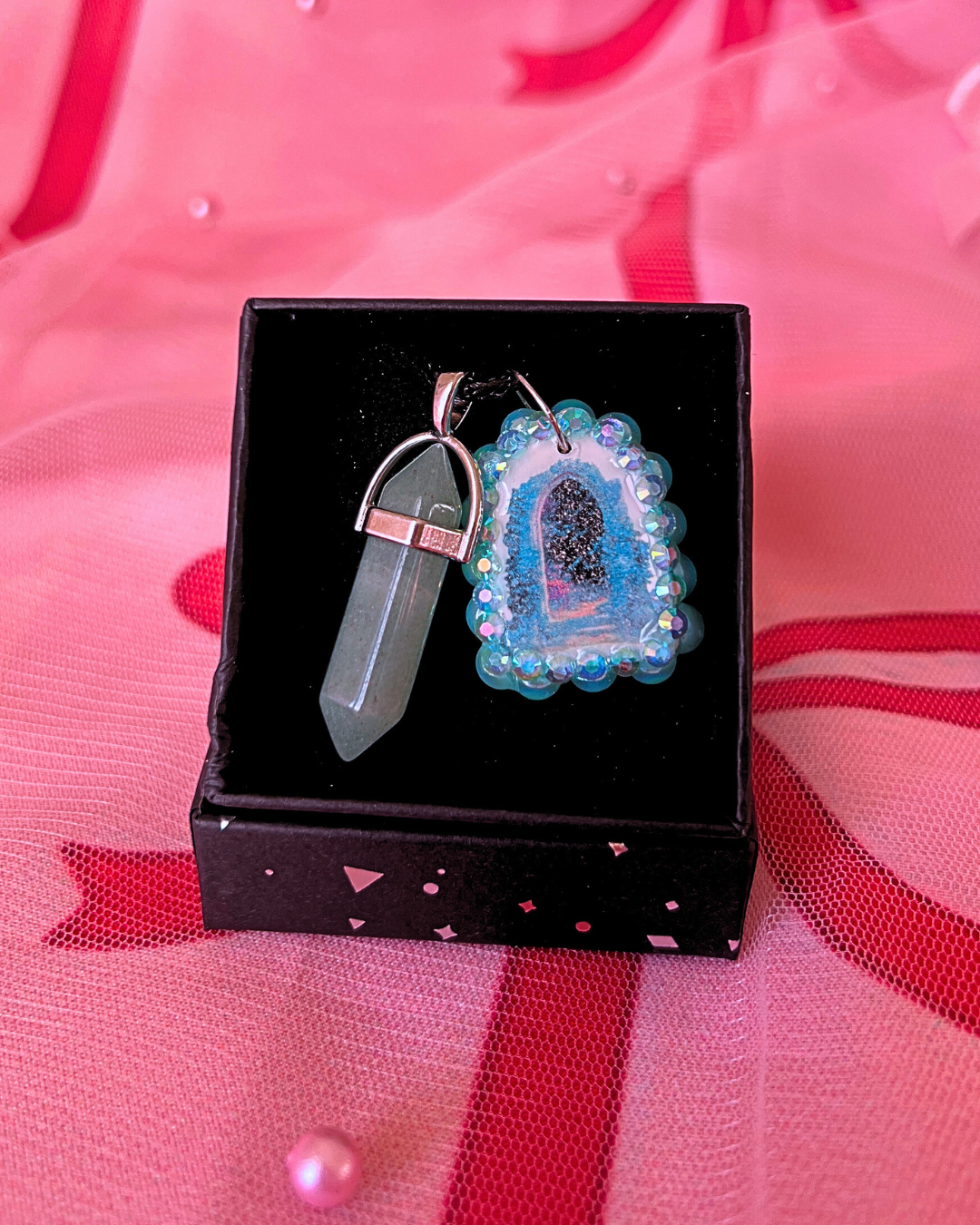 Magical Archway Charm Necklace | Polymer Clay | Iridescent Pearl Portal Pendant + Blue Gem Charm