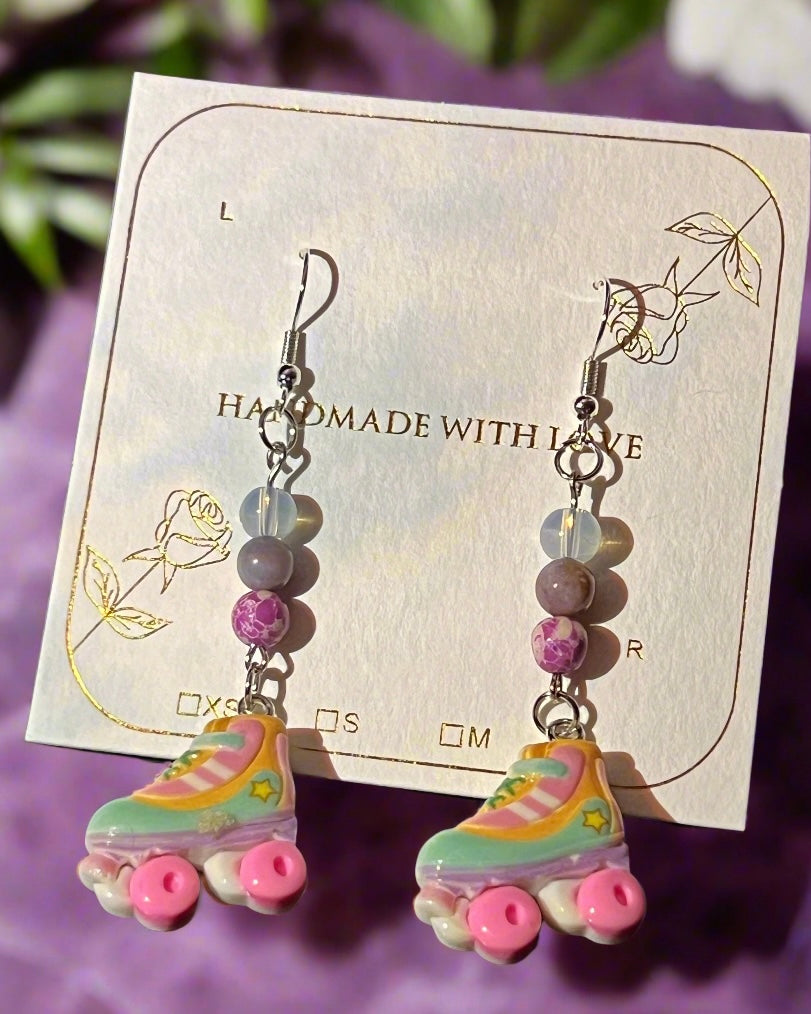 Retro Rollin’ Roller Skates Earrings — Purple Jasper, Indian Agate & Opal Crystals