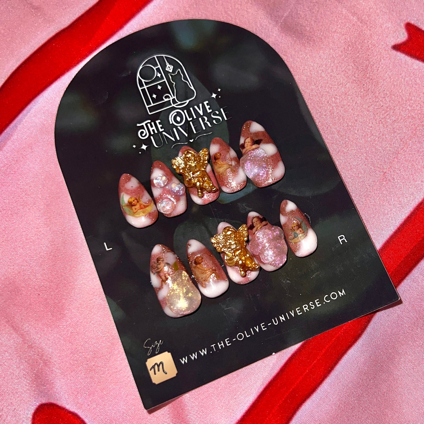 Ambrosia Fruit Press-On Nails | Hand Painted Nails | Iridescent 3D Gel | Pink Shimmer | Angel Charm | One of One | Size Medium