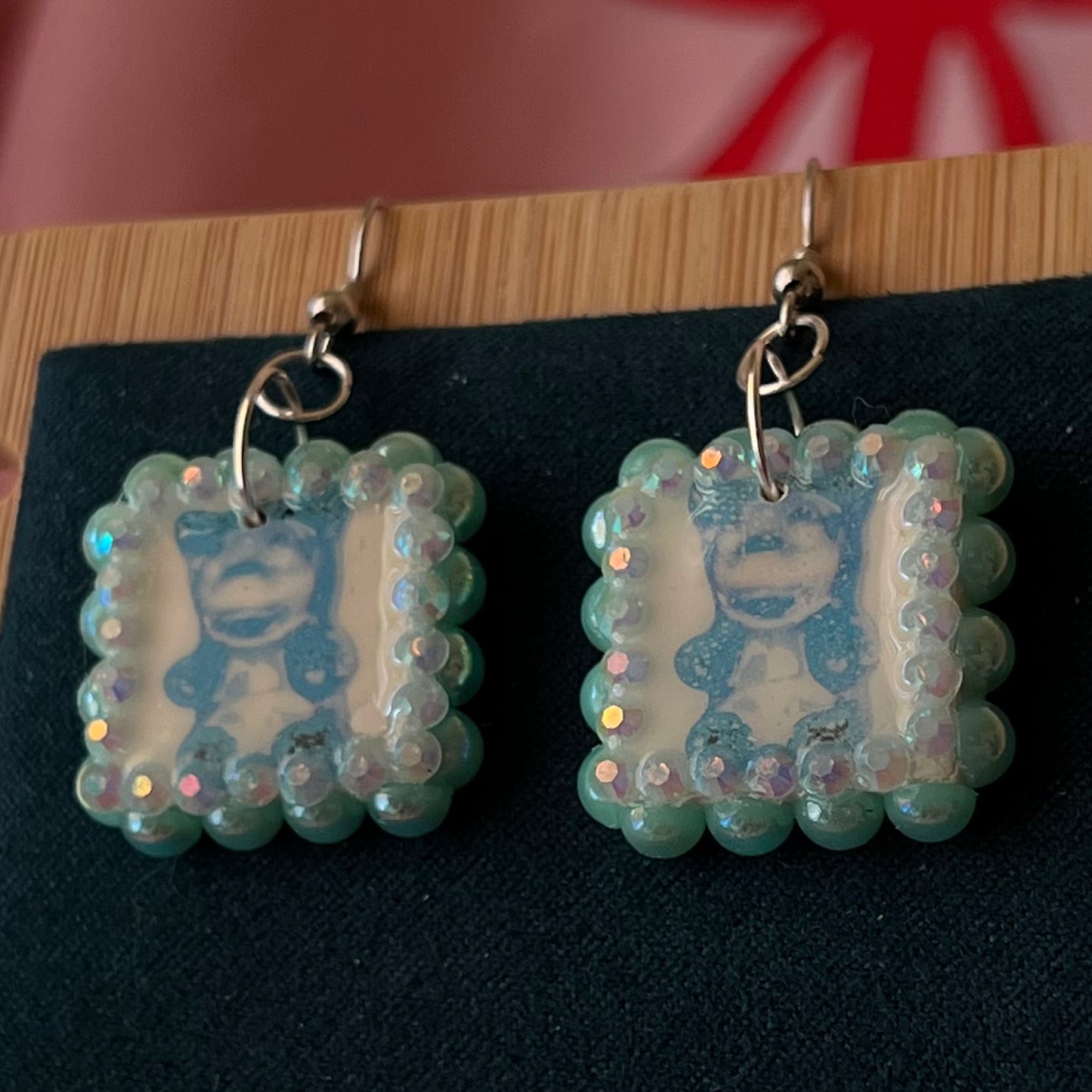 gummy bear earrings, blue gummy bear earrings, y2k earrings, kidcore earrings, toycore jewelry, rhinestone charm earrings, pearl rhinestone earrings, handmade polymer clay earrings, cute statement earrings, candy jewelry