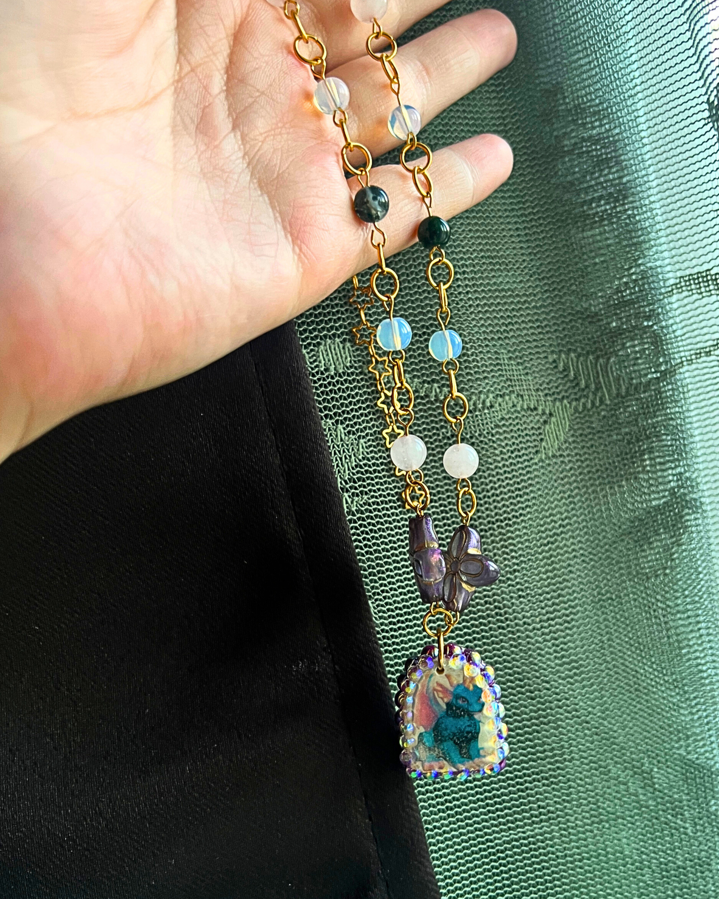 Gold Plated Dragon Charm Necklace | Rose Quartz + Opalite + Indian Agate Beads
