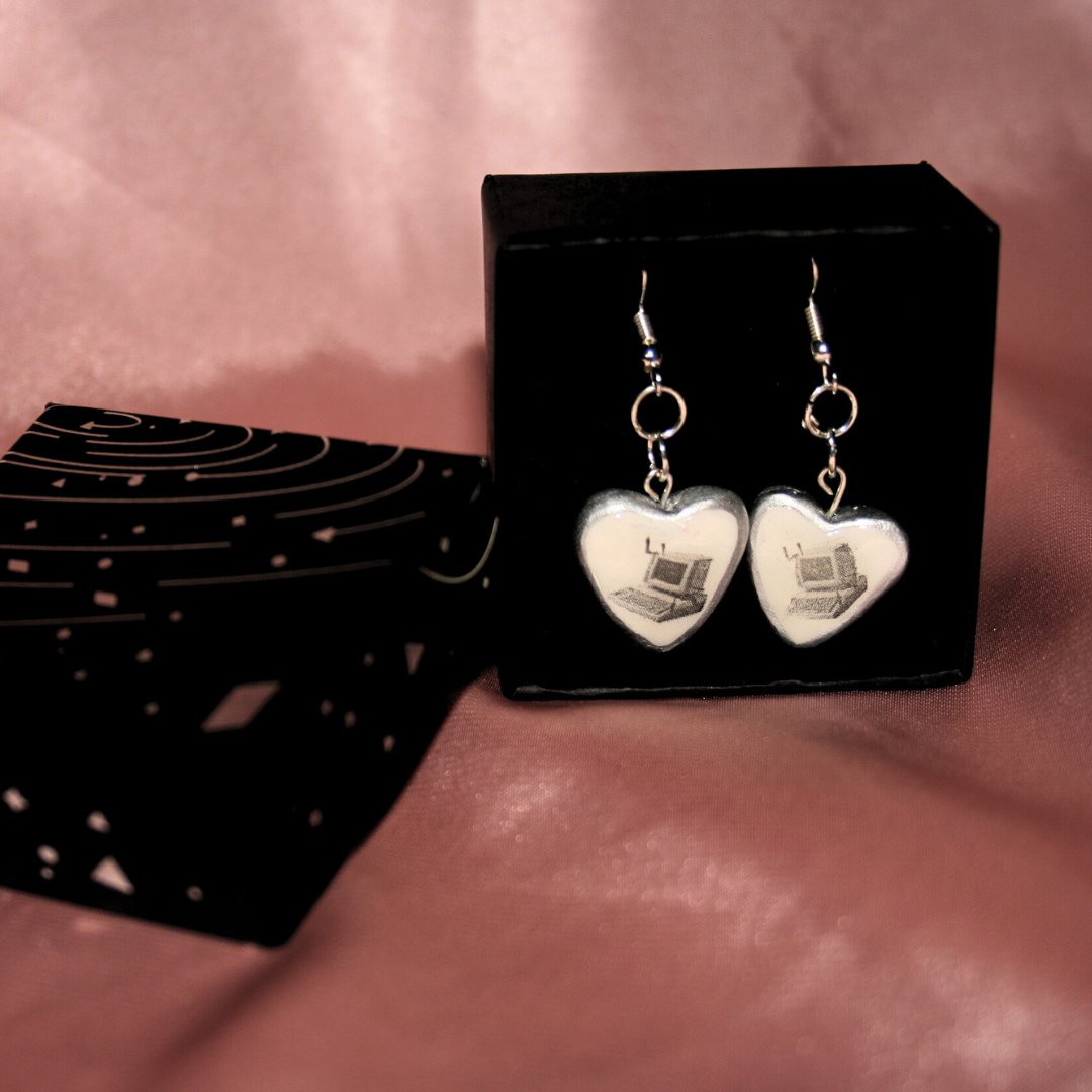 Retro Desktop Heart Earrings | Y2K Clay Earrings | Silver Shimmer | Nostalgic Computer Aesthetic | Handmade