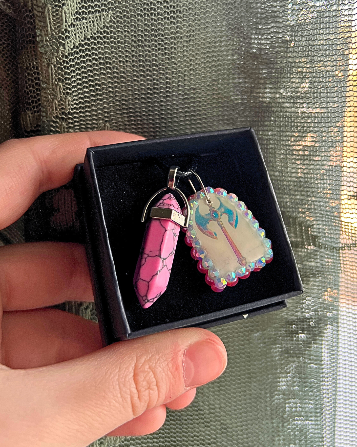 Battle Axe Charm Necklace | Polymer Clay Pendant + Pink Marbled Gem