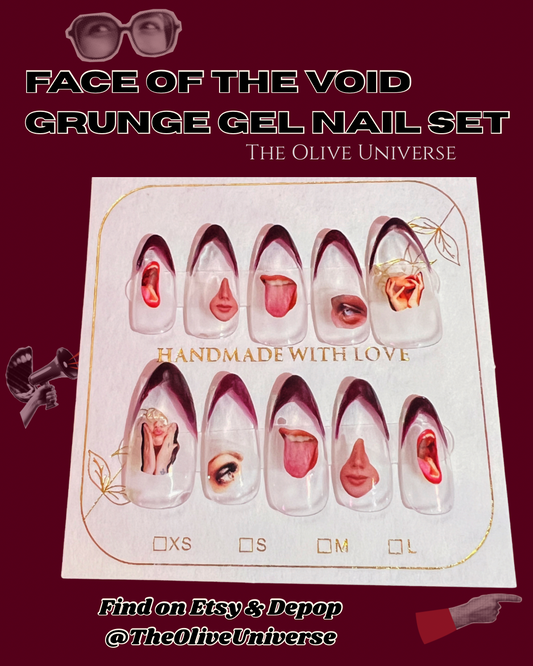 Face of the Void - Grunge/Retrowave Almond Shaped Press On Custom Gel Nails - Olive Made
