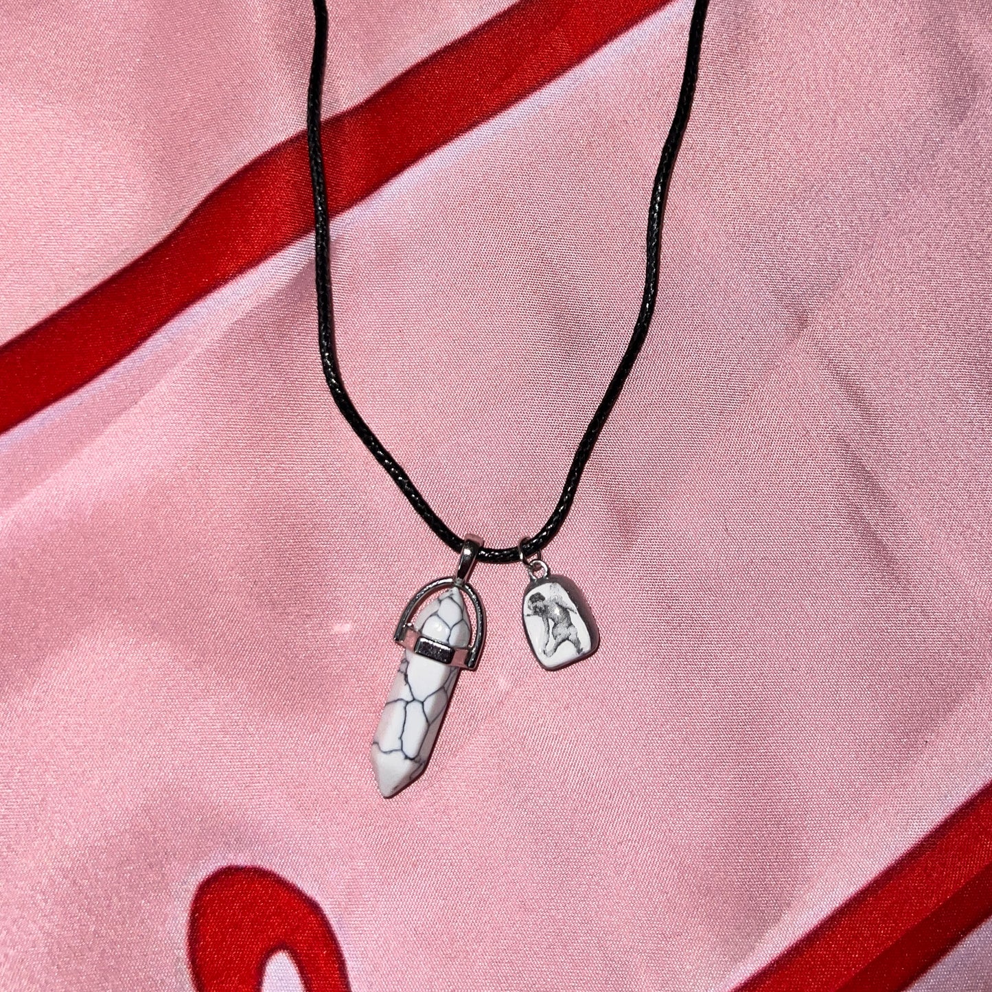 Marbled Pendant Necklace | Mini Angel Cherub Charm | Faux Leather Chain | Silver-Tone Detail | Ethereal Jewelry