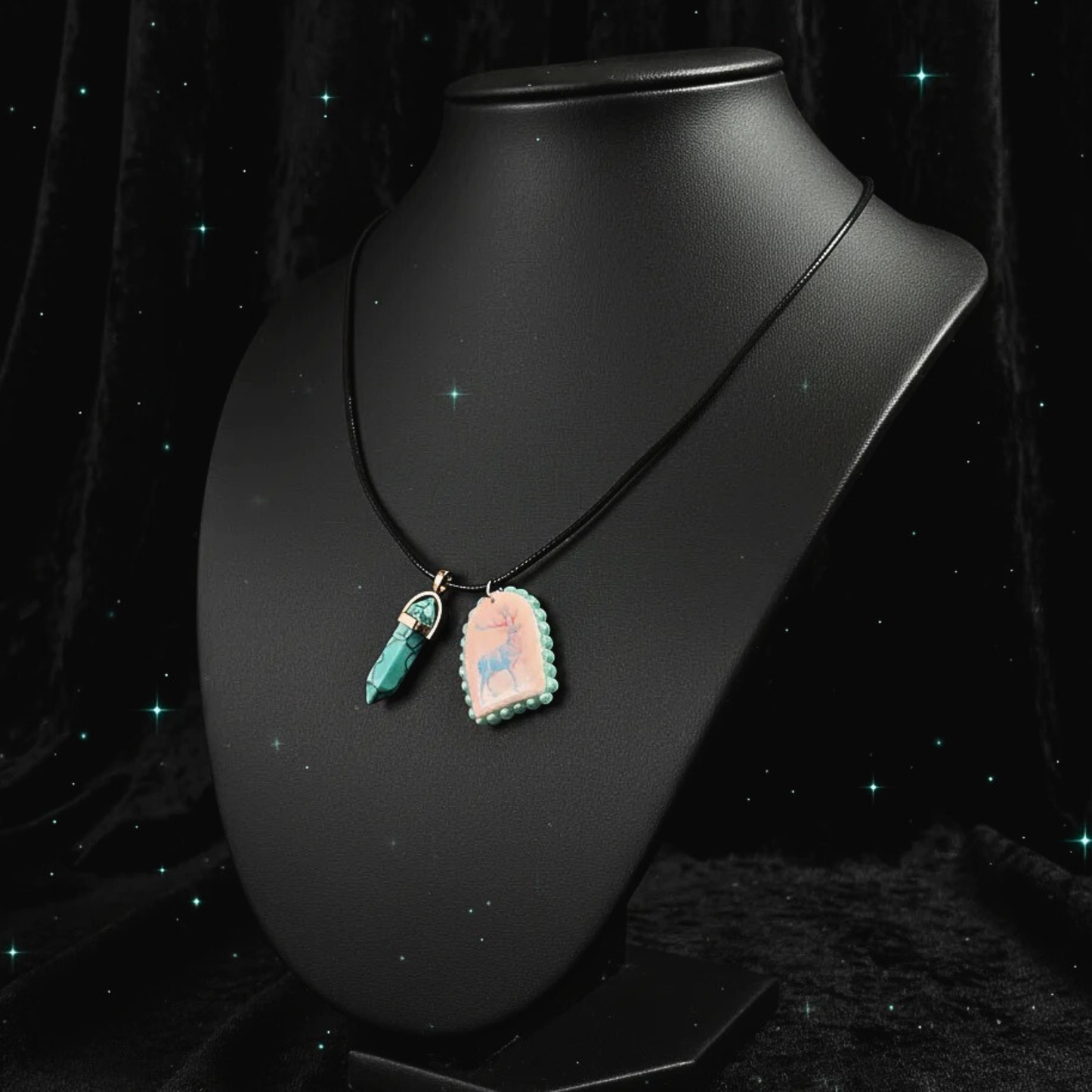 Blue Magic Charm Necklace | Blue Stag Arch Pendant or Iridescent Jackalope | 22” Adjustable Faux Leather Chain