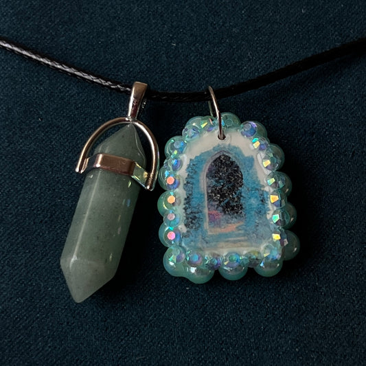 Magical Archway Charm Necklace | Polymer Clay | Iridescent Pearl Portal Pendant + Blue Gem Charm