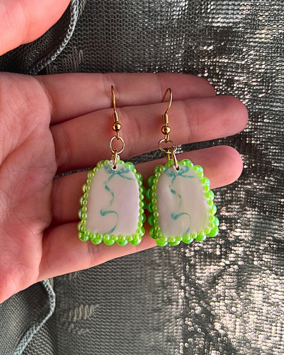 Coquette Green Bow Arch Earrings | Bedazzled Polymer Charm Earrings | Cute Feminine Statement Earrings | Gold Plated Findings