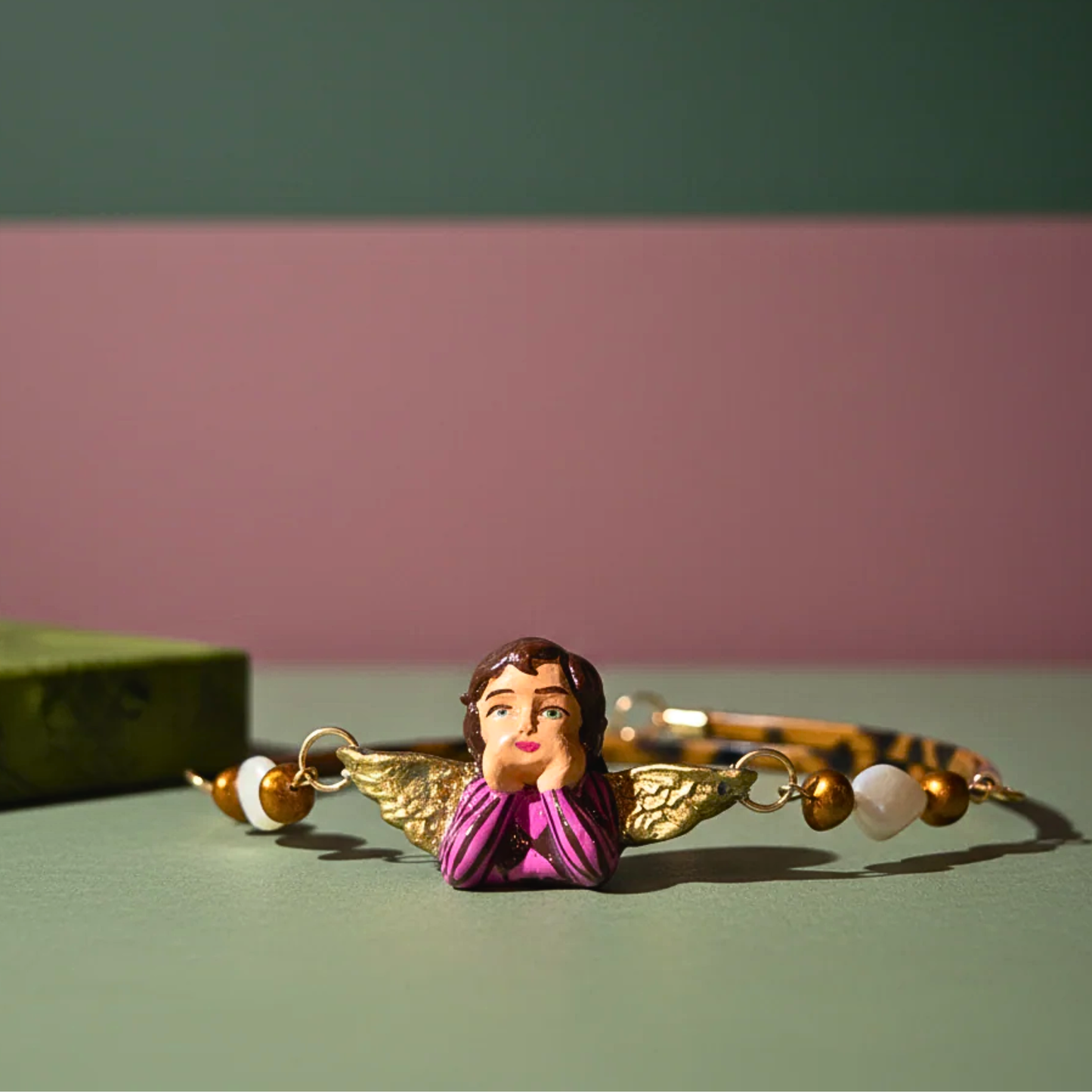 Cheetah Print Angel Necklace | Hand Painted Angel Pendant | Jestercore Statement Jewelry | Mother of Pearl Beads