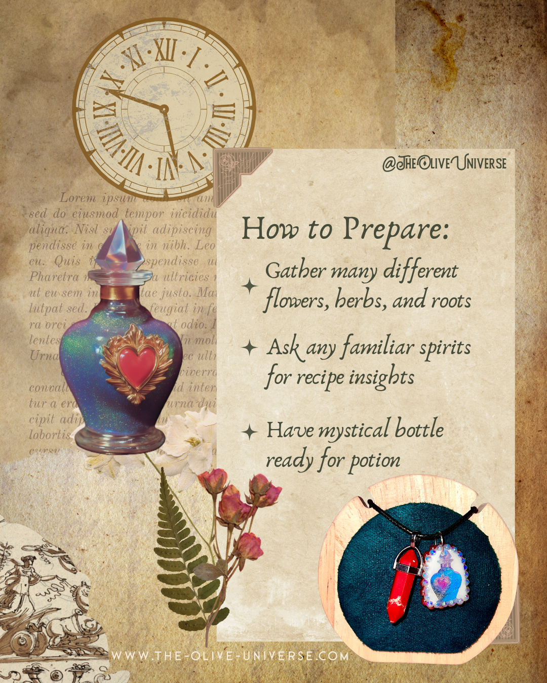 Red crystal blue potion necklace — handmade polymer clay potion bottle pendant hand-bedazzled with iridescent pearls + rhinestones and finished with vivid red crystal accent. Gift-ready Victorian-patterned box. Fairycore Y2K fantasy charm necklace; ready to ship in 1–3 days.