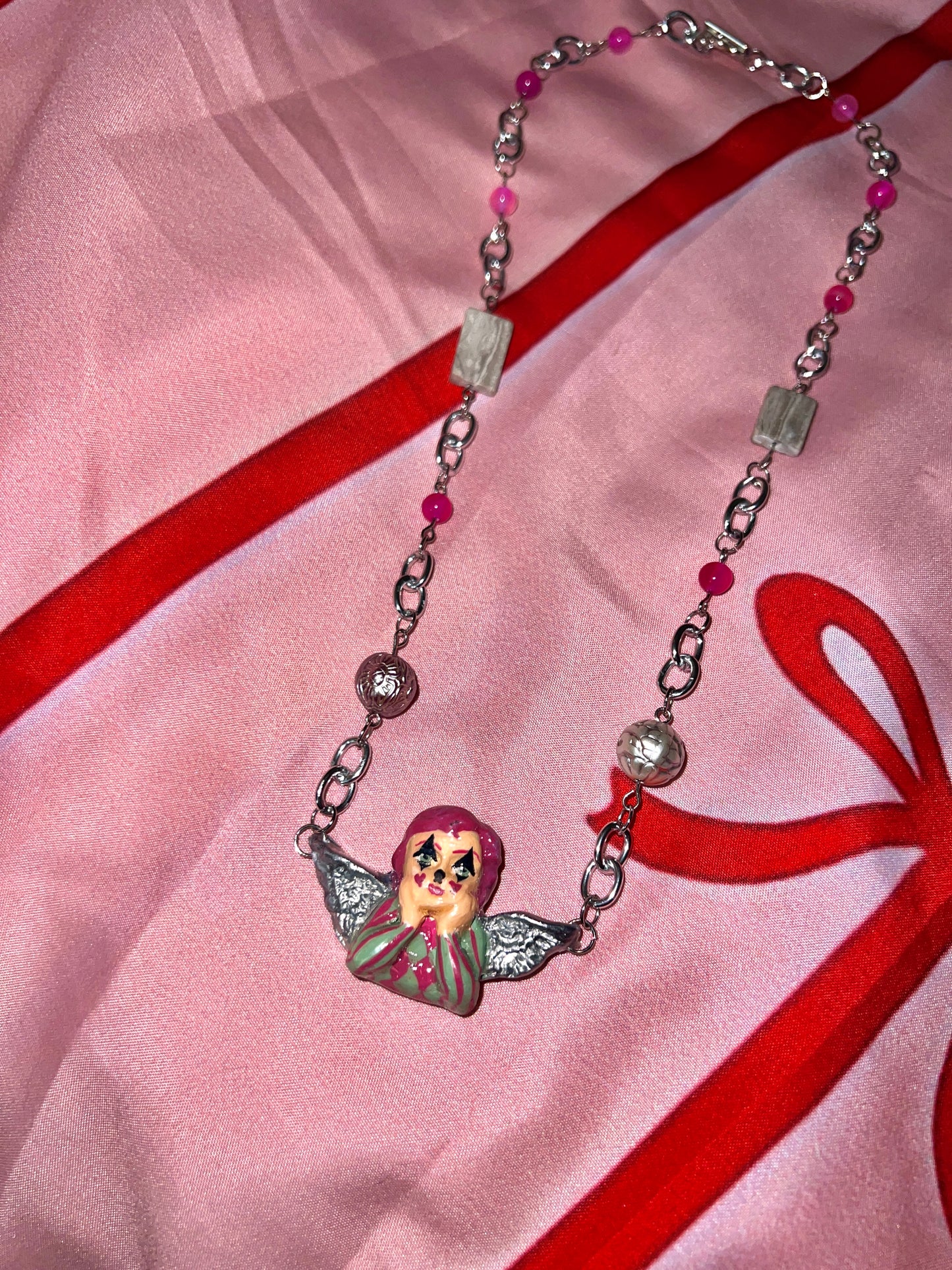Silver Clown Angel Necklace | Clowncore Jewelry | Polymer Clay Pendant | Pink Agate + Gray Marble Beads | Whimsical Statement Necklace