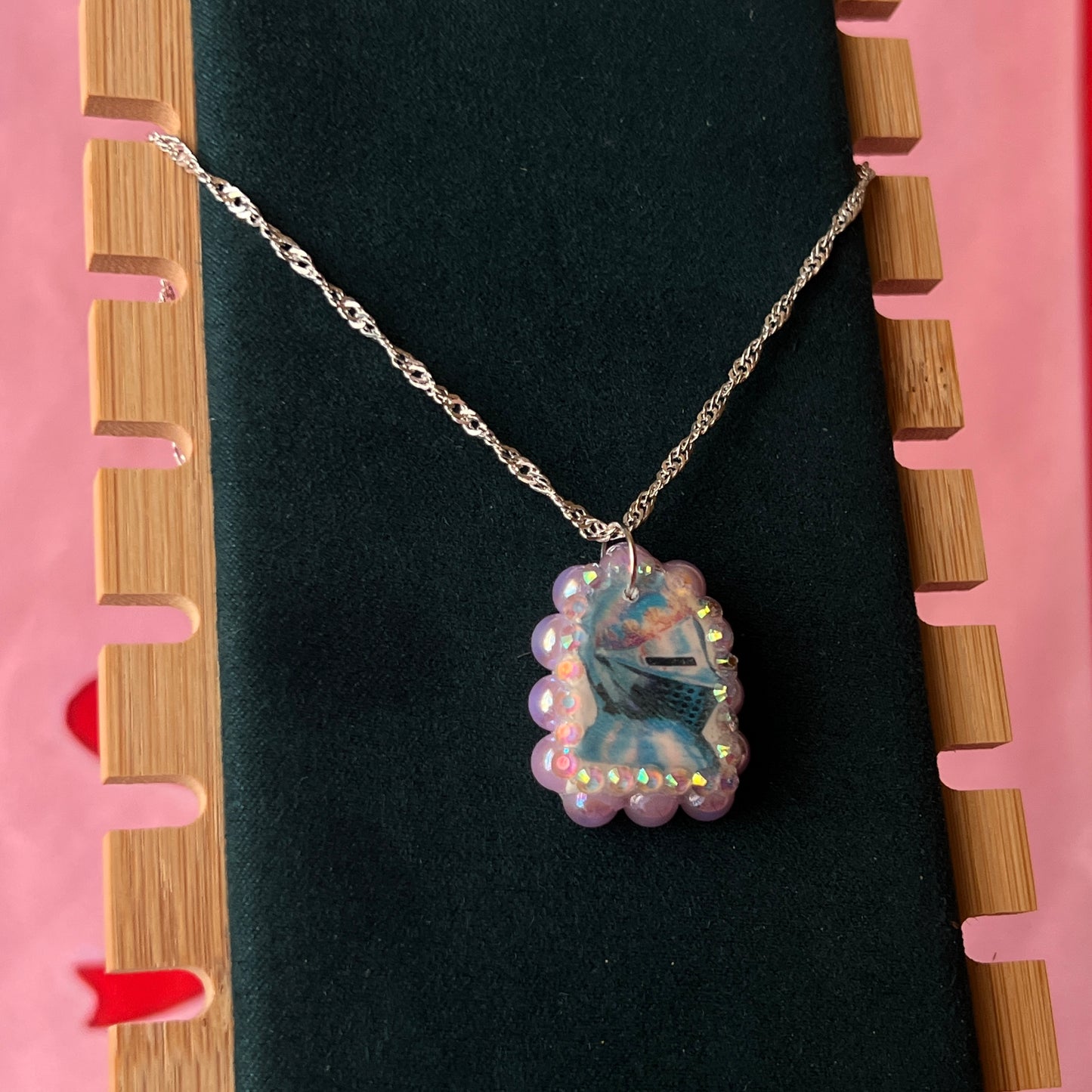 Lavender knight charm necklace — handmade polymer clay lavender knight pendant bedazzled with iridescent beads on 20" 925 silver chain. Gift-ready green Victorian-patterned box. Whimsigoth fairycore coquette cottagecore Y2K charm necklace; ready to ship in 1–3 days.