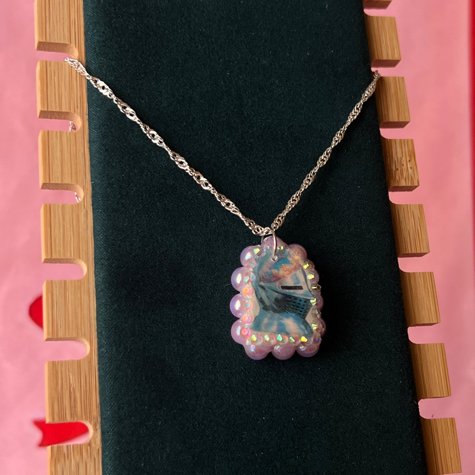 Lavender knight charm necklace — handmade polymer clay lavender knight pendant bedazzled with iridescent beads on 20" 925 silver chain. Gift-ready green Victorian-patterned box. Whimsigoth fairycore coquette cottagecore Y2K charm necklace; ready to ship in 1–3 days.