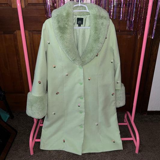 upcycled peacoat jacket, pastel green jacket, floral patch coat, faux fur cuff jacket, coquette coat, fairycore outerwear, whimsigoth jacket, statement outerwear, size medium coat, sustainable fashion, slow fashion, unique peacoat, pastel coat, handmade patch jacket, one of a kind coat, vintage inspired outerwear, lime green jacket, cute winter coat, spring outerwear, romantic outerwear