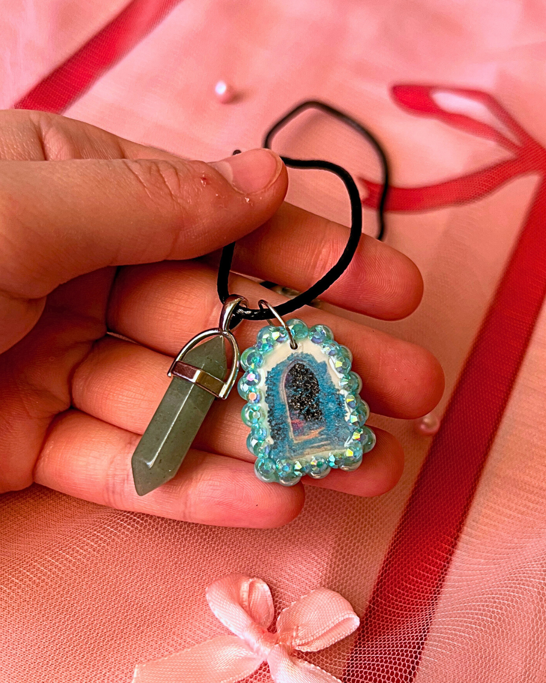 Magical Archway Charm Necklace | Polymer Clay | Iridescent Pearl Portal Pendant + Blue Gem Charm