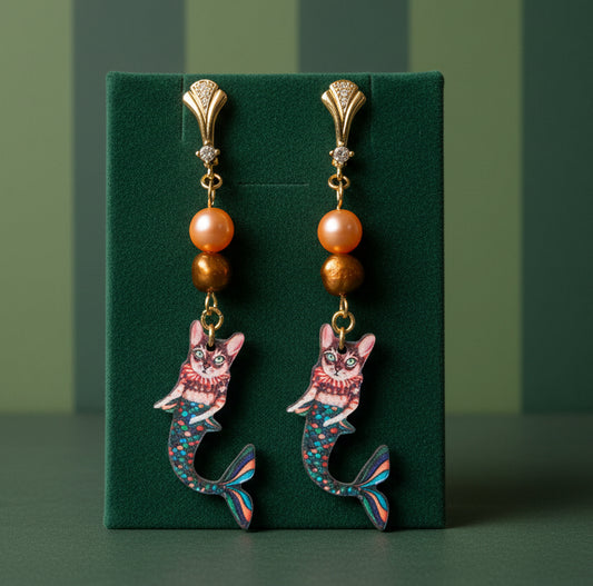 Peach Mango & Bronze Baroque Pearl Mermaid Cat Earrings | 18k Clasps Inlay CZ | Victorian Cat Charms