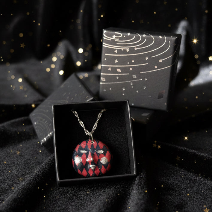 Burgundy Harlequin Mask Necklace | Hand Painted Clay Charm | 925 Sterling Silver Chain | Theater Inspired Jewelry