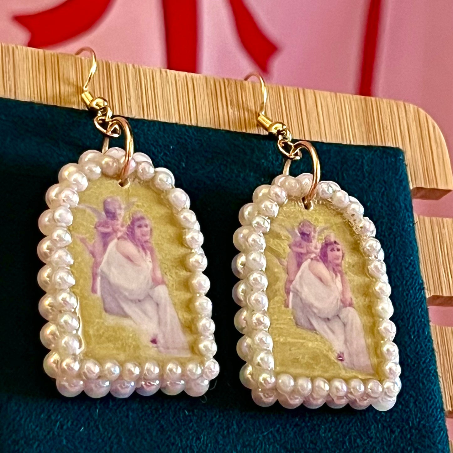 white pearl earrings, pearl arch earrings, art history earrings, guillaume seignac earrings, portrait earrings, museum girl jewelry, coquette earrings, angelcore jewelry, romantic vintage earrings, gold statement earrings, polymer clay earrings, handmade earrings, iridescent pearl earrings, mary pickford portrait, wearable art earrings, bridal shower gift, vintage inspired jewelry, gilded earrings, cottagecore meets glam, soft glamour accessories
