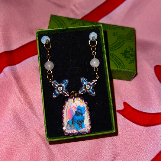 Gold Plated Dragon Charm Necklace | Rose Quartz + Opalite + Indian Agate Beads