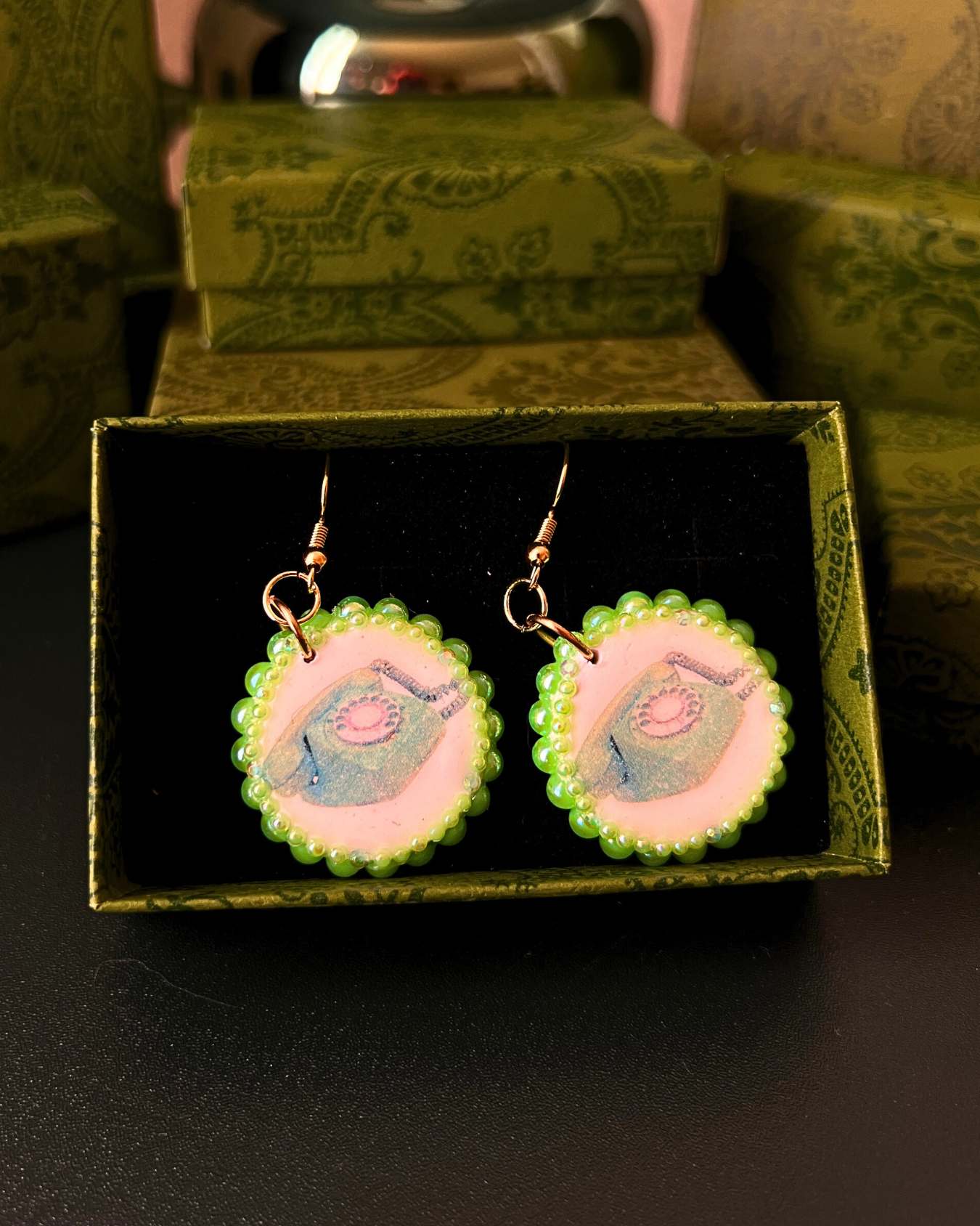 Neon Green Dial Up Phone Earrings | Polymer Clay Charm Earrings | Pearl Bedazzled Statement Earrings | 18k Gold Plated Hooks