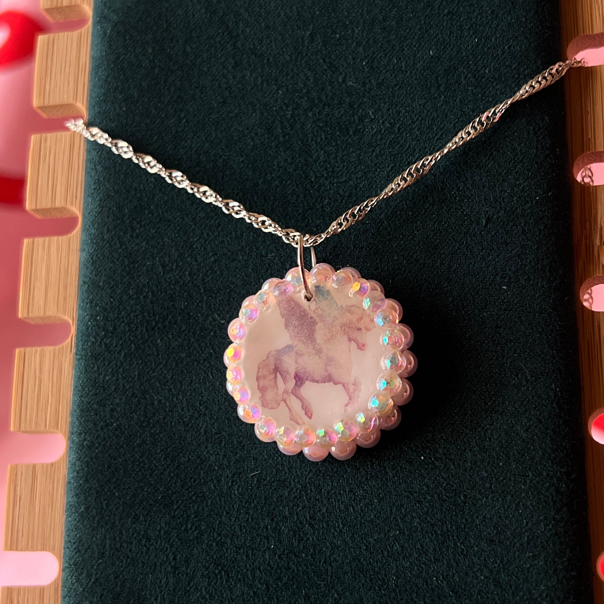 Pegasus pearl charm necklace — coquette fantasy jewelry with handmade pegasus charm bedazzled with pastel pearls on 20" 925 sterling silver chain. Ships gift-ready in green Victorian-patterned box; ready to ship. Medieval magic talisman necklace by Olive Made.