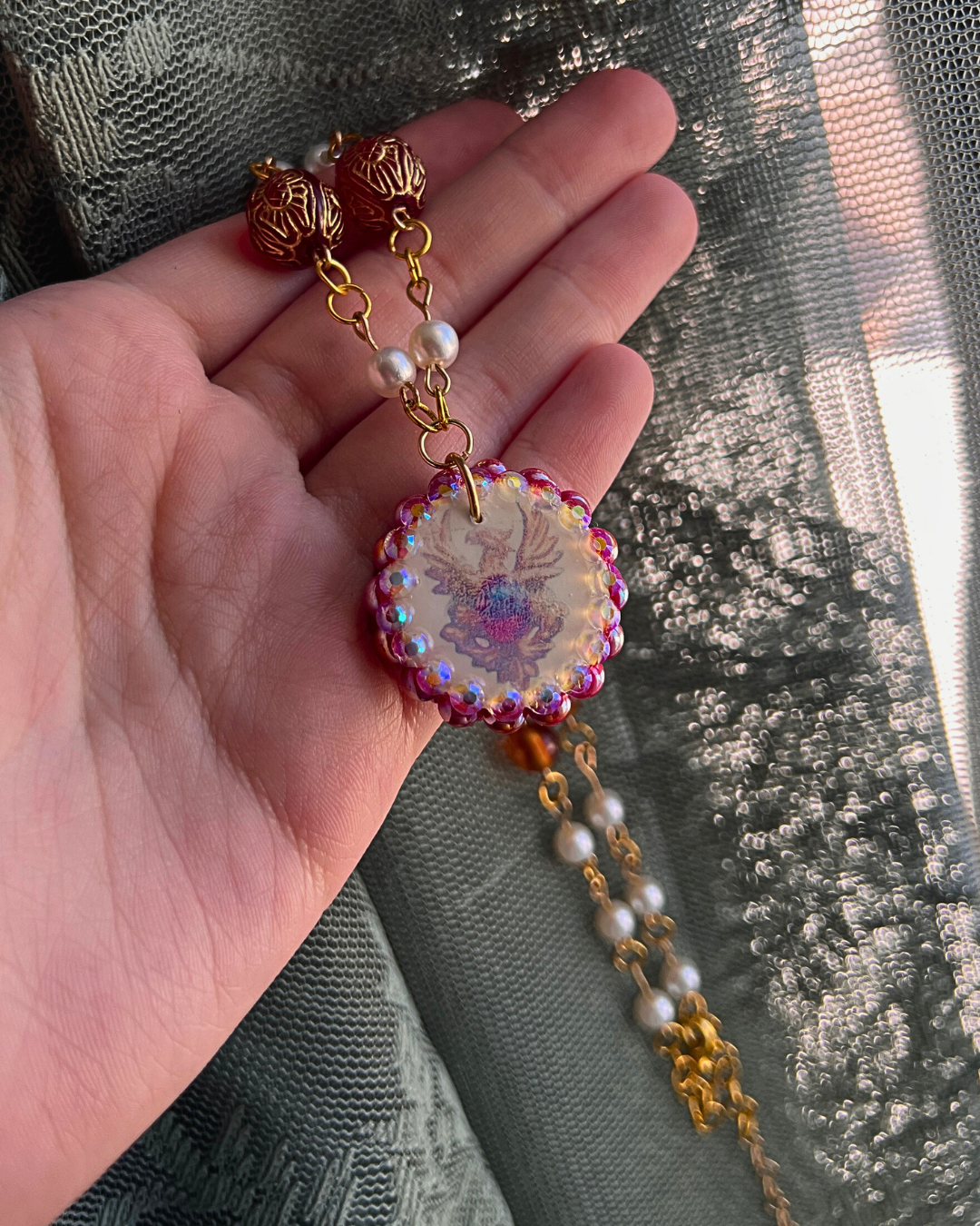 Phoenix Sigil Knight Necklace | Medieval Inspired Pearl Necklace | Baroque Bead Chain | Crimson Gem Crest Pendant | Ready to Ship