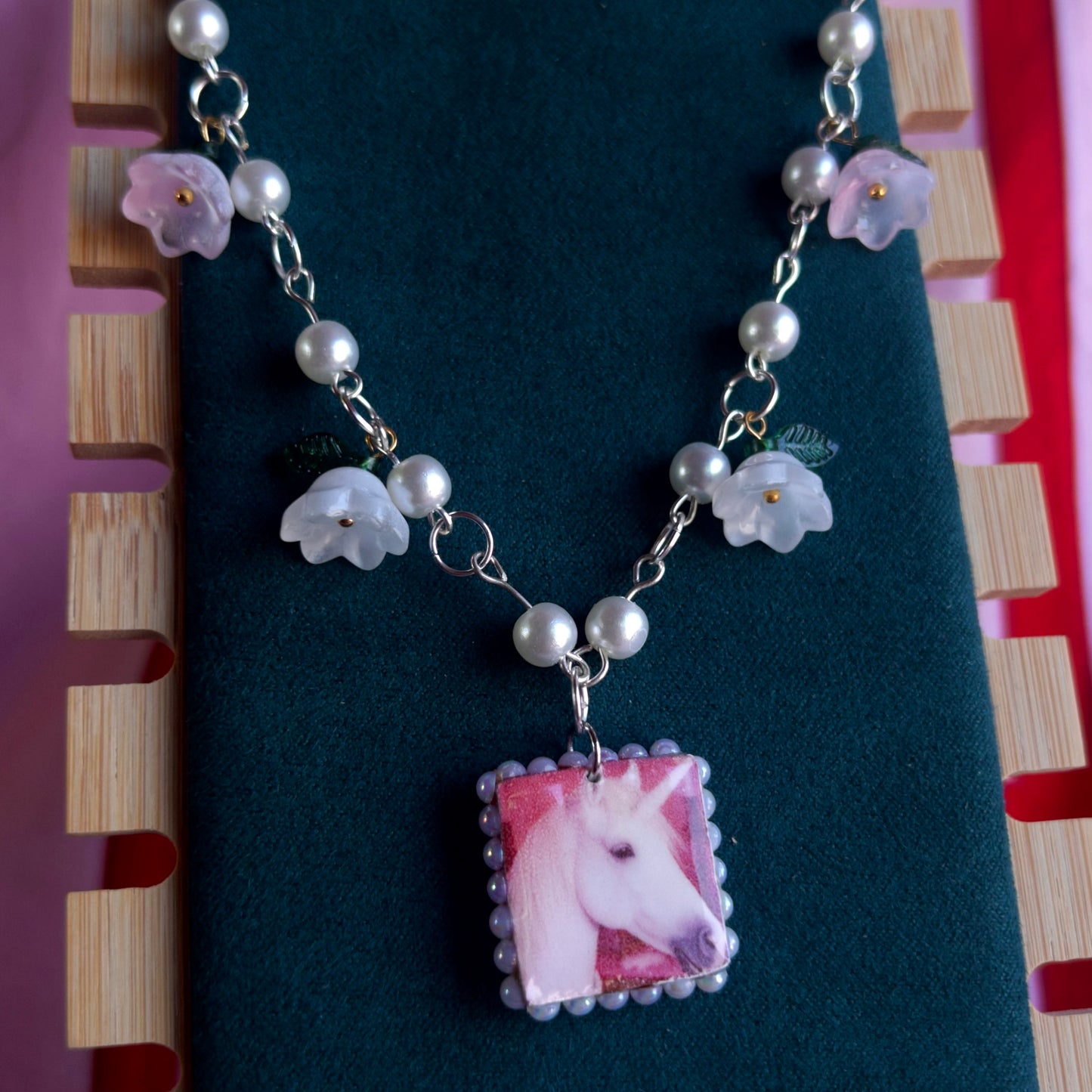 Y2K Unicorn Faux Pearl Necklace | Fairycore Pink Polaroid Charm