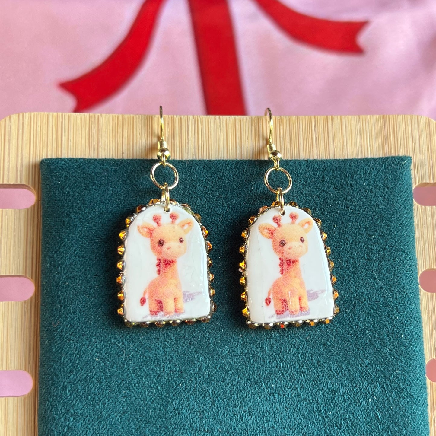 giraffe earrings, animal earrings, plush earrings, kawaii earrings, indie earrings, plushcore jewelry, maximalist earrings, polymer clay earrings, handmade earrings, clay statement earrings, rhinestone earrings, 14k gold plated earrings, cute animal earrings, novelty earrings, whimsical earrings, liminal jewelry, Olive Made jewelry, wearable art earrings, handmade giraffe jewelry, kawaii jewelry, indie jewelry, ready to ship earrings