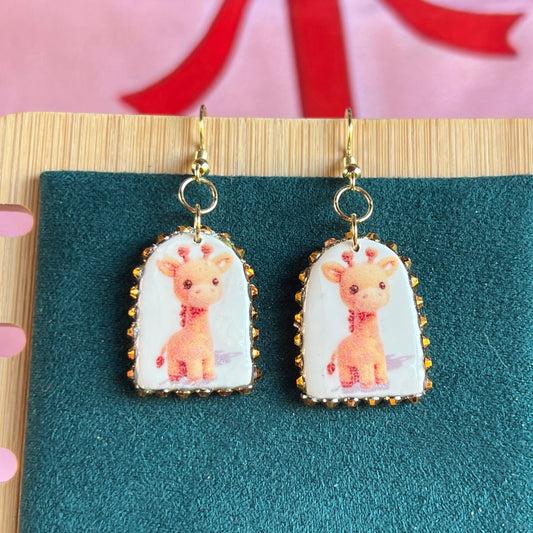 giraffe earrings, animal earrings, plush earrings, kawaii earrings, indie earrings, plushcore jewelry, maximalist earrings, polymer clay earrings, handmade earrings, clay statement earrings, rhinestone earrings, 14k gold plated earrings, cute animal earrings, novelty earrings, whimsical earrings, liminal jewelry, Olive Made jewelry, wearable art earrings, handmade giraffe jewelry, kawaii jewelry, indie jewelry, ready to ship earrings