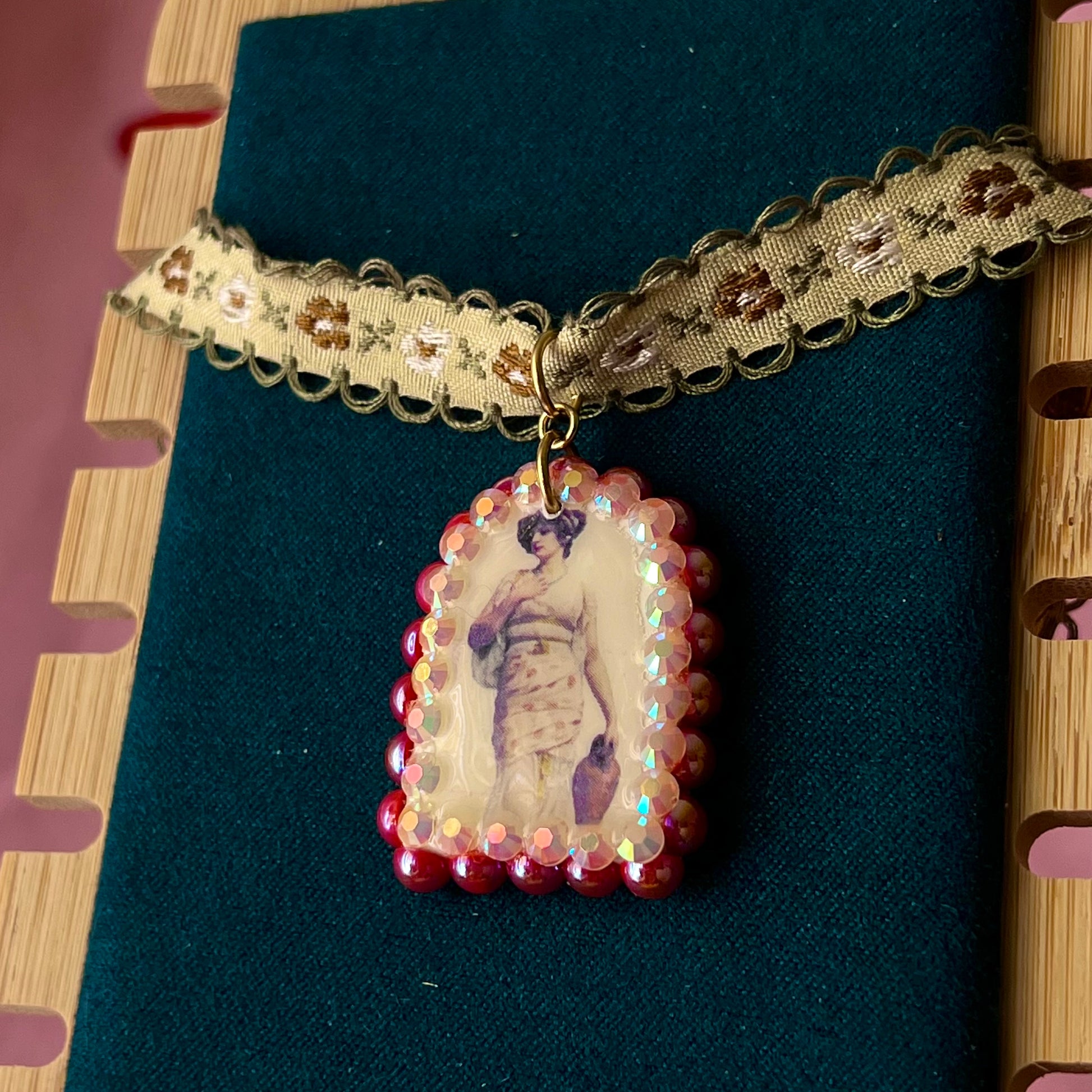 neoclassical necklace, portrait choker necklace, vintage lace choker, renaissancecore jewelry, museum aesthetic necklace, red pearl necklace, rhinestone charm necklace, romantic choker, embroidered flower choker, handmade polymer clay charm, art jewelry