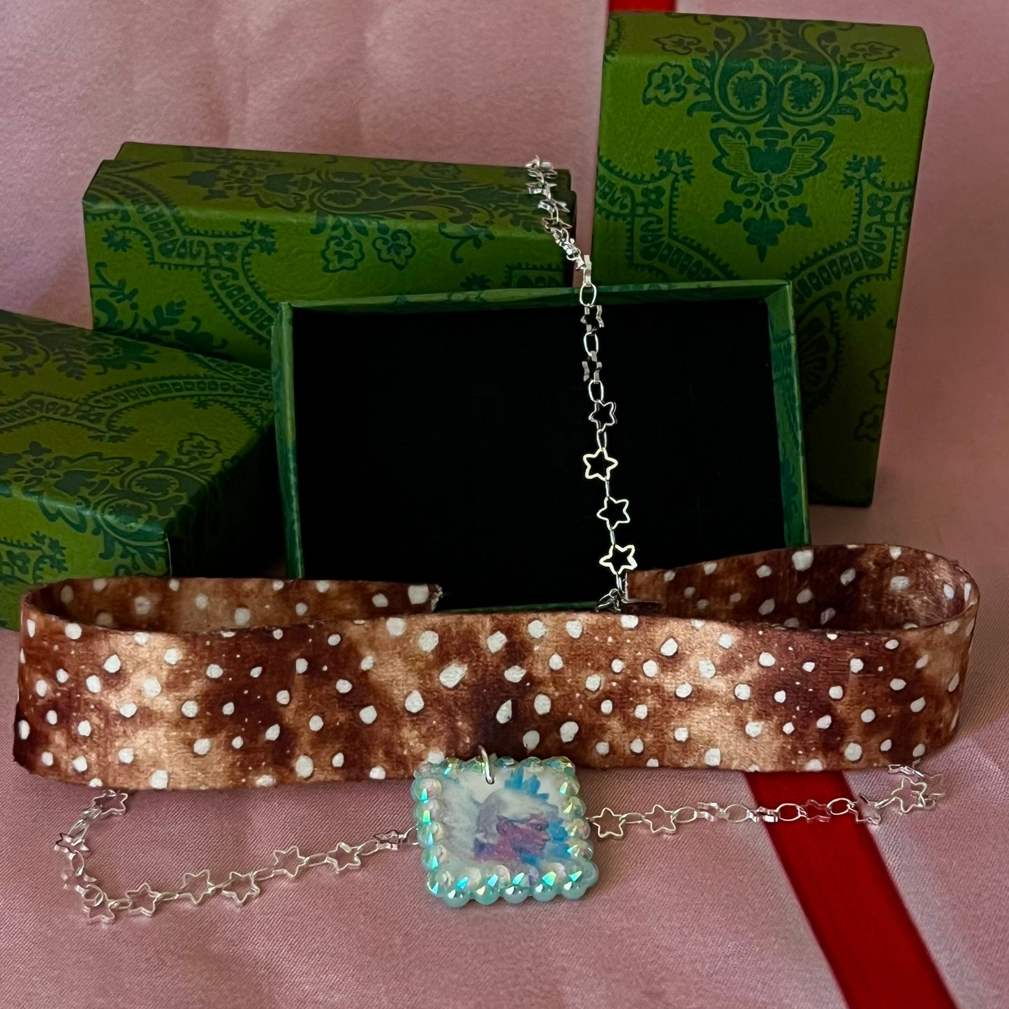 angel choker necklace, deer print choker, fairycore necklace, whimsigoth jewelry, medieval fantasy choker, star chain necklace, rhinestone charm choker, pearl rhinestone necklace, handmade polymer clay charm, layered choker necklace, adjustable choker, cottagecore jewelry