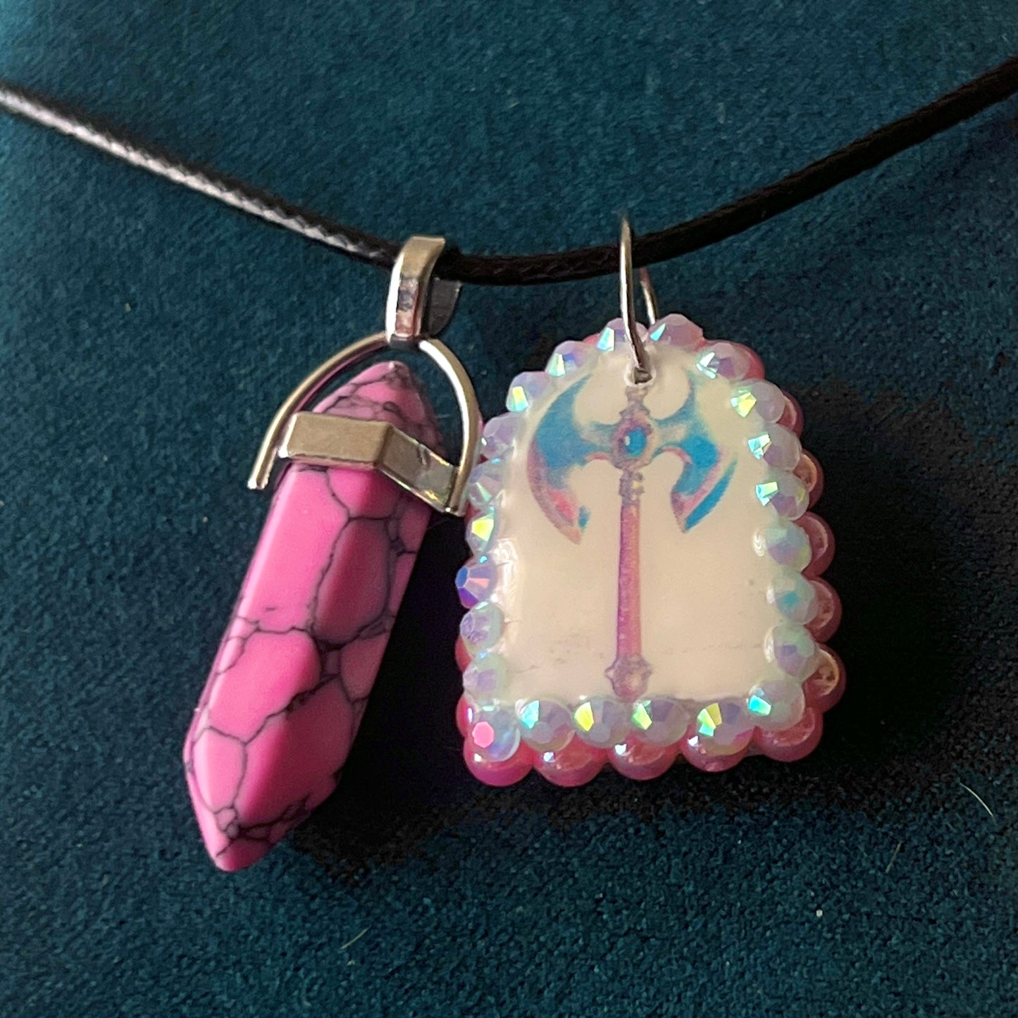 Battle Axe Charm Necklace | Polymer Clay Pendant + Pink Marbled Gem