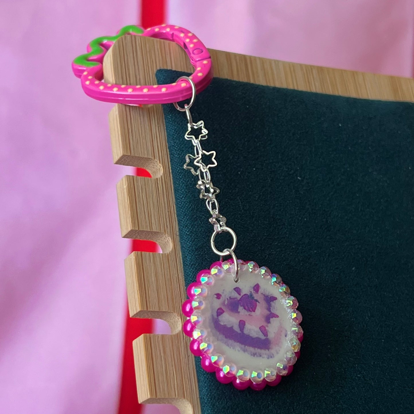 Hot Pink Strawberry Cake Charm Keychain | Coquette Pink Keychain | Olive Made