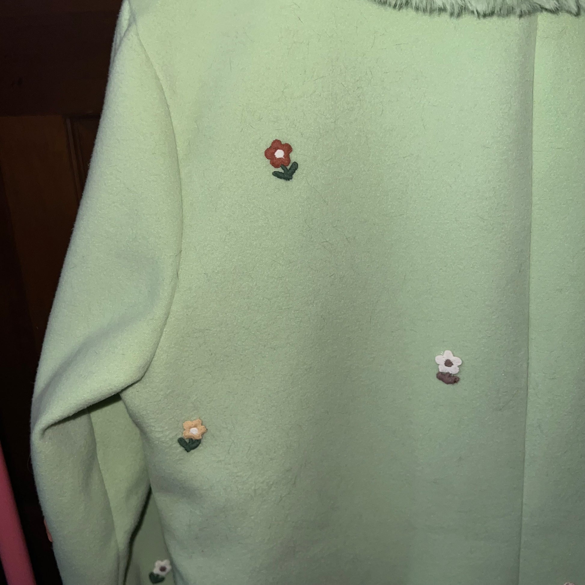 upcycled peacoat jacket, pastel green jacket, floral patch coat, faux fur cuff jacket, coquette coat, fairycore outerwear, whimsigoth jacket, statement outerwear, size medium coat, sustainable fashion, slow fashion, unique peacoat, pastel coat, handmade patch jacket, one of a kind coat, vintage inspired outerwear, lime green jacket, cute winter coat, spring outerwear, romantic outerwear