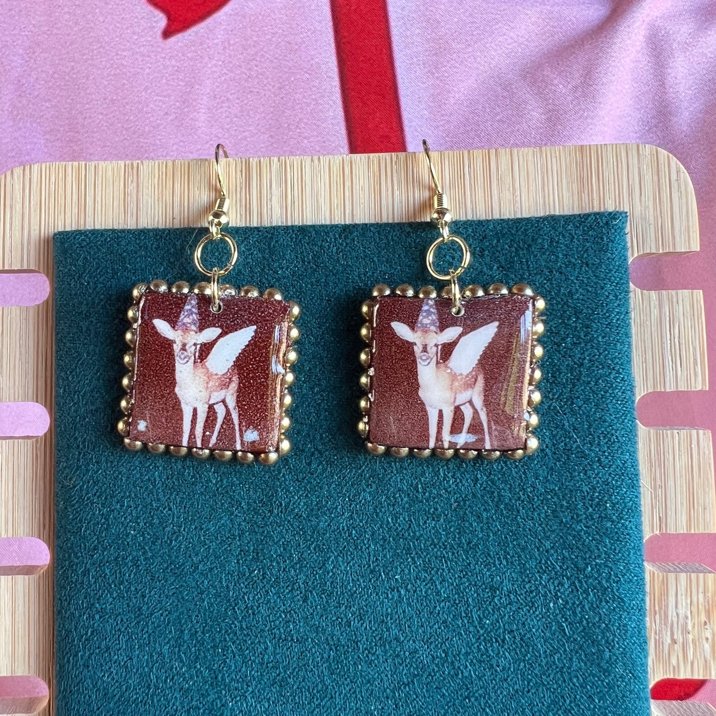 fairy fawn earrings, deer earrings, cottagecore earrings, fairycore earrings, handmade polymer clay earrings, woodland jewelry, polaroid earrings, gold bead earrings, 14k gold plated earrings, animal earrings, whimsical earrings, indie jewelry, forestcore jewelry, Olive Made
