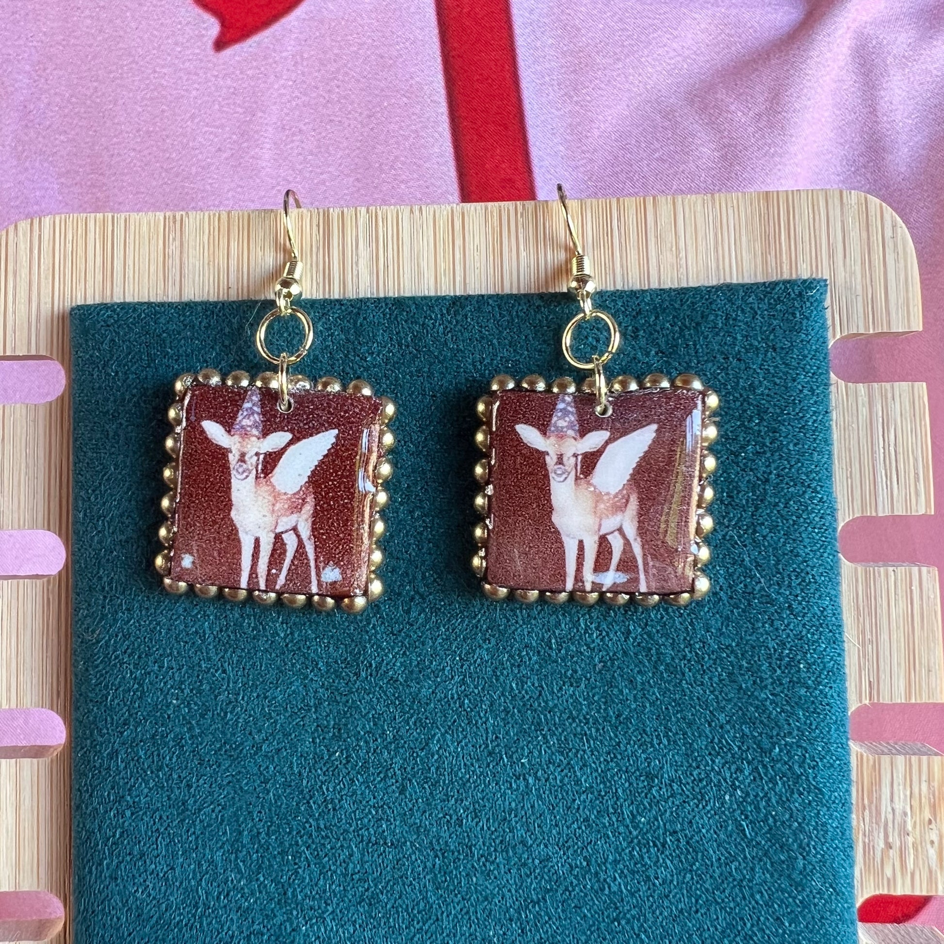 fairy fawn earrings, deer earrings, cottagecore earrings, fairycore earrings, handmade polymer clay earrings, woodland jewelry, polaroid earrings, gold bead earrings, 14k gold plated earrings, animal earrings, whimsical earrings, indie jewelry, forestcore jewelry, Olive Made