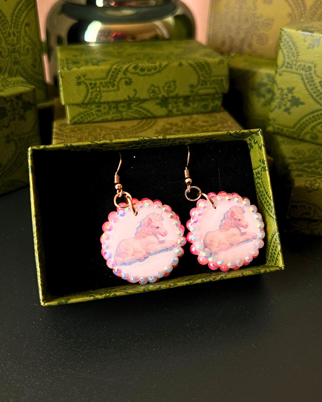 Unicorn Bedazzled Earrings | Handmade Polymer Clay Earrings | Iridescent Rhinestone Dangle Earrings | Y2K Fairycore Jewelry | Gift Ready