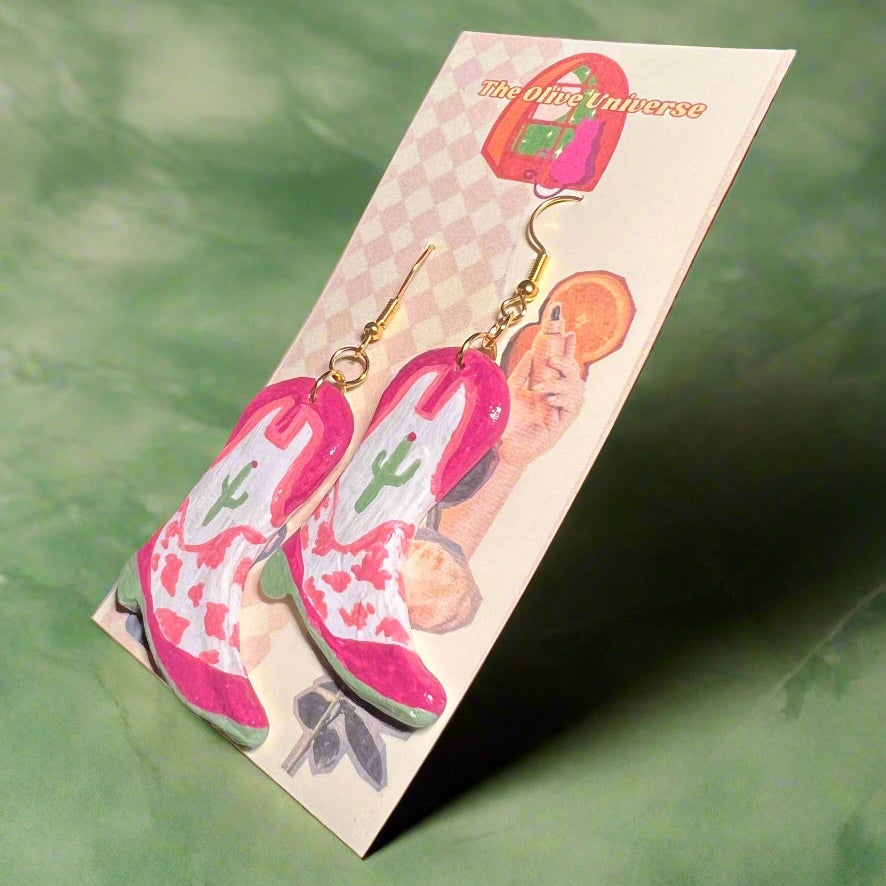 Cactus Cowprint Boots - Handmade & Hand Painted Charm Earrings - Olive Made