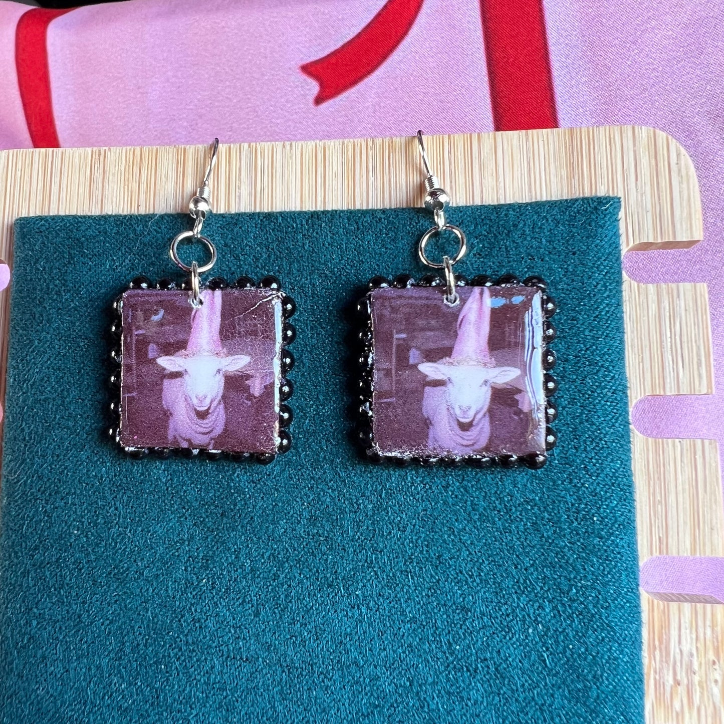 princess lamb earrings, lamb earrings, handmade polymer clay earrings, polaroid earrings, whimsical earrings, fairycore earrings, princesscore jewelry, y2k earrings, 90s inspired jewelry, silver toned earrings, cute animal earrings, magic earrings, square charm earrings, Olive Made