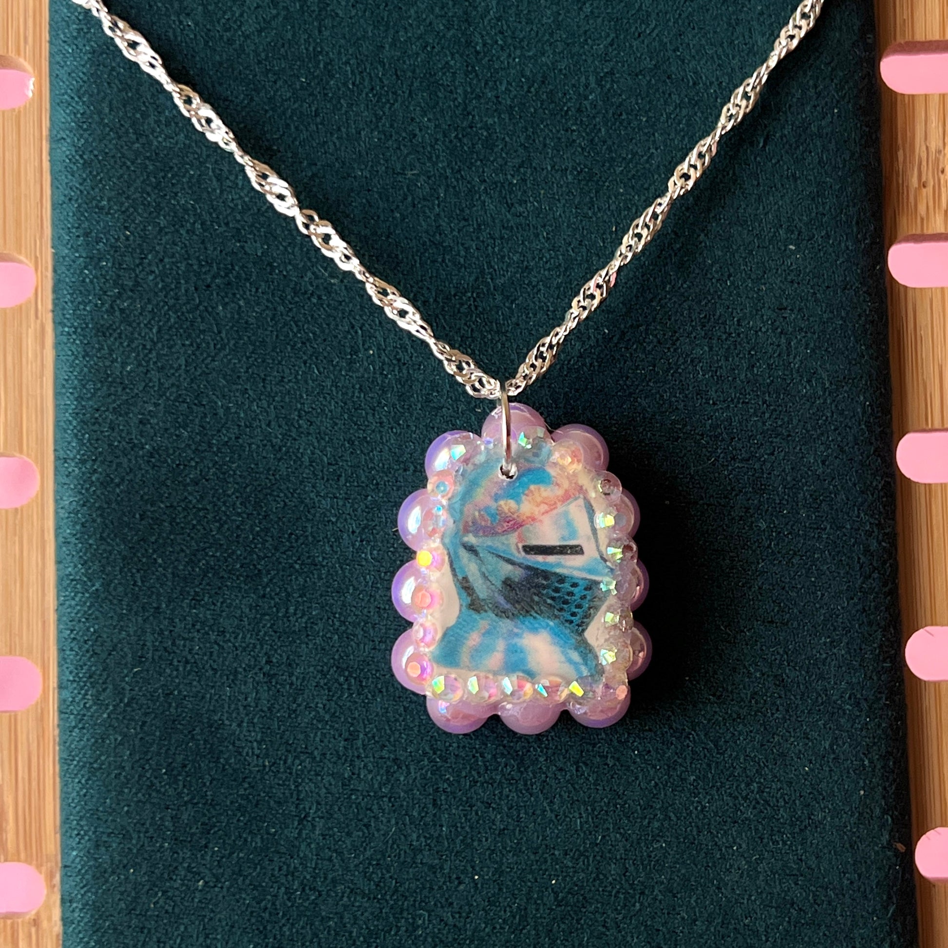 Lavender knight charm necklace — handmade polymer clay lavender knight pendant bedazzled with iridescent beads on 20" 925 silver chain. Gift-ready green Victorian-patterned box. Whimsigoth fairycore coquette cottagecore Y2K charm necklace; ready to ship in 1–3 days.