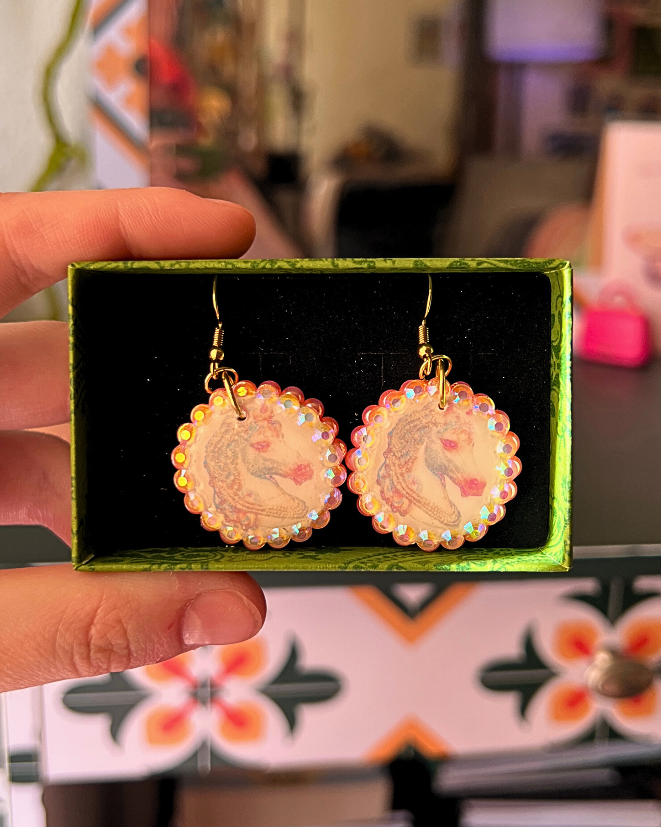 Unicorn Bedazzled Earrings | Handmade Polymer Clay Earrings | Iridescent Rhinestone Dangle Earrings | Y2K Fairycore Jewelry | Gift Ready