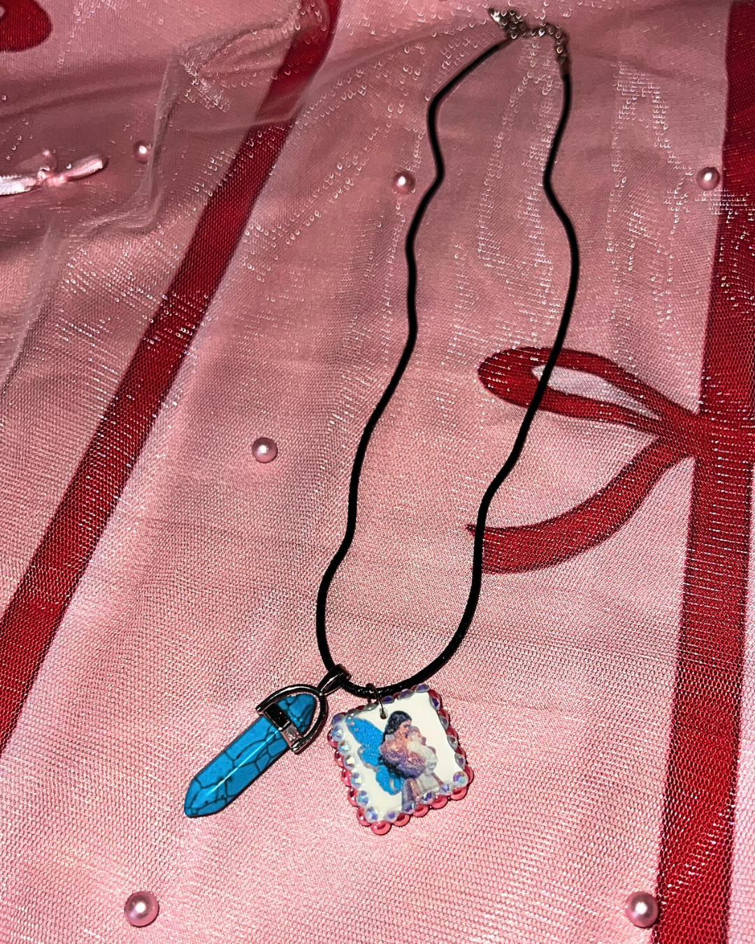 Pink + Blue Fairy Charm Necklace | Polymer Clay Pendant + Blue Gem