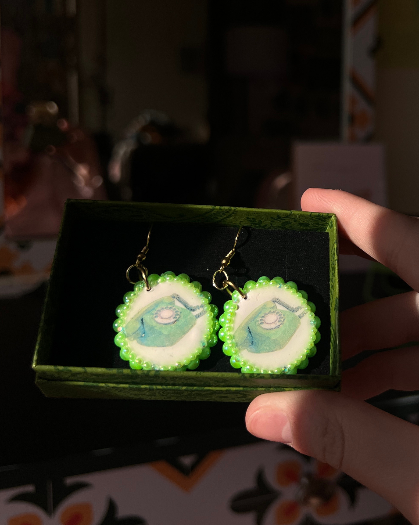 Neon Green Dial Up Phone Earrings | Polymer Clay Charm Earrings | Pearl Bedazzled Statement Earrings | 18k Gold Plated Hooks