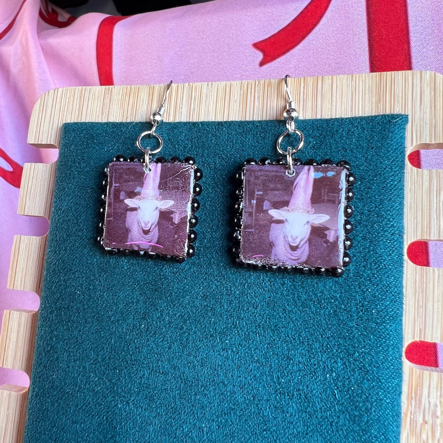 princess lamb earrings, lamb earrings, handmade polymer clay earrings, polaroid earrings, whimsical earrings, fairycore earrings, princesscore jewelry, y2k earrings, 90s inspired jewelry, silver toned earrings, cute animal earrings, magic earrings, square charm earrings, Olive Made